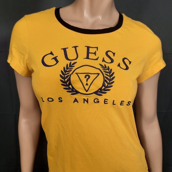 Y2K GUESS T Shirt Yellow Embroidered Ringer Womens L Short Sleeve - Picture 1 of 8